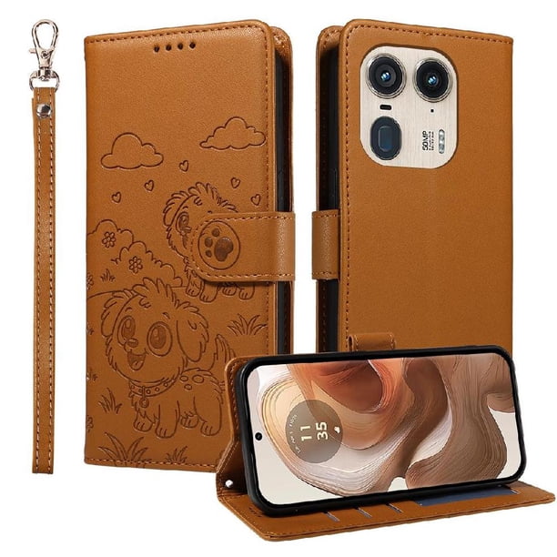 Funda Cartera para Motorola Edge 50 Ultra 5G Perro Cachorro Grabado con Tarjetas Soporte Correa Marrón