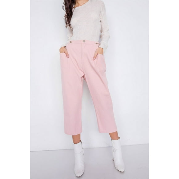 Pantalones de Cintura Ajustable con Broches y Pernera Ancha y Tobillo Liso de Estilo Chic Pastel