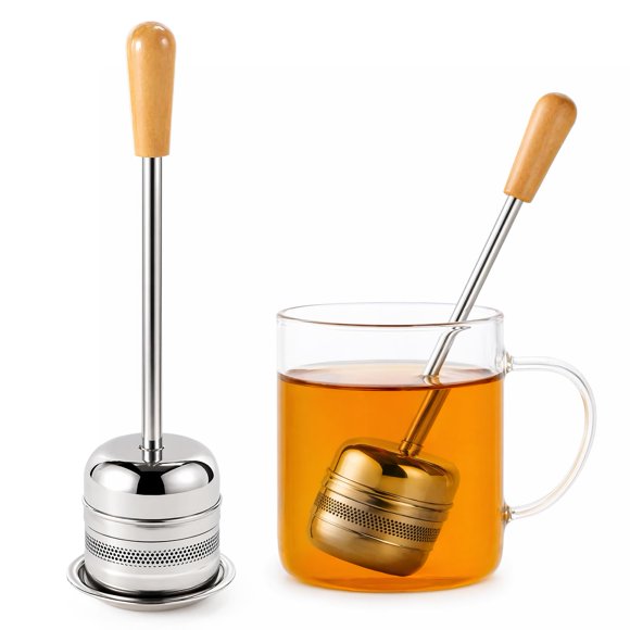 Juego de 2 infusores de té ZPUFAW de acero inoxidable con mango de madera