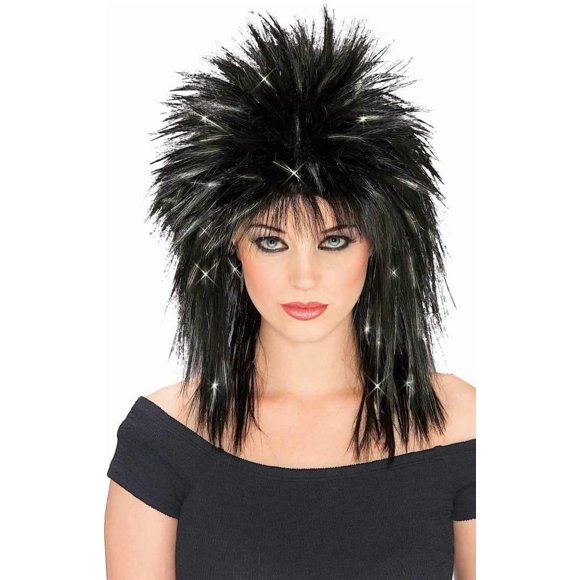 Peluca Rubies Superstar negra con tinsel plateado para adulto
