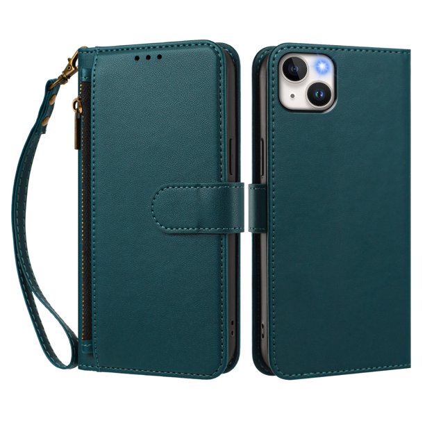 Funda Tipo Billetera para iphone14 Plus con Soporte y Bolsillo con Cierre Verde