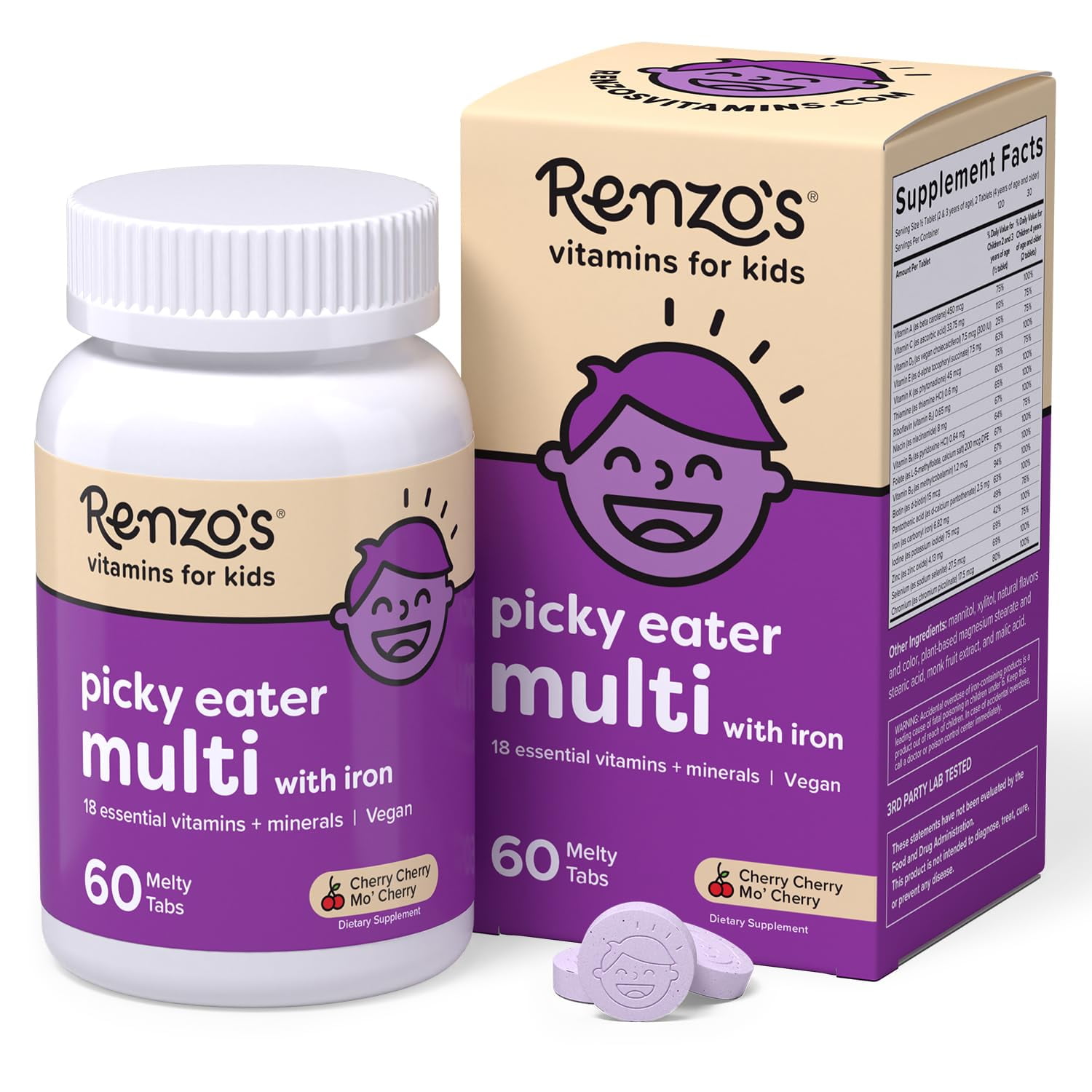 Multivitamínico Para Niños Renzo's Picky Eater Con Hierro, 60 Tabletas Derretidas