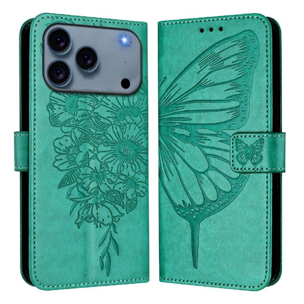 Funda cartera mariposa para iPhone 17 Pro con soporte y ranuras para tarjetas Verde