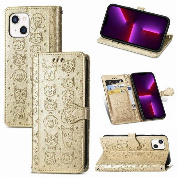 Funda Cartera FOXDOCK para iPhone 13 Mini , Flip PU con Relieve de Gatos y Perros, Tarjetero y Soporte