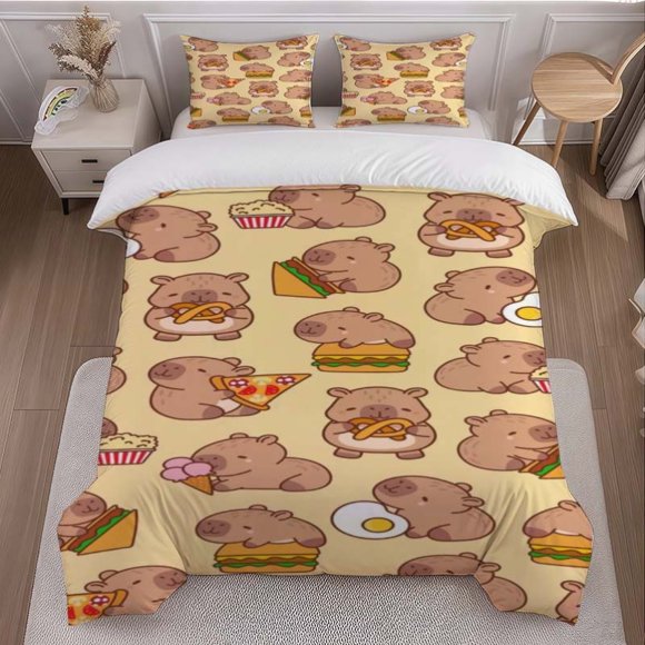 Capybara Food-Themed Wallpaper And Bedding Set Including a Duvet Cover And Pillowcases. Soft And Comfortable