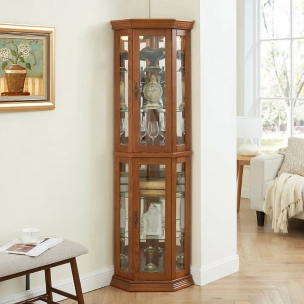 Gabinete Curio de esquina iluminada - estante de pantalla de vidrio con puertas de vidrio templado, estantería ajustable y bombilla de perlas incluida