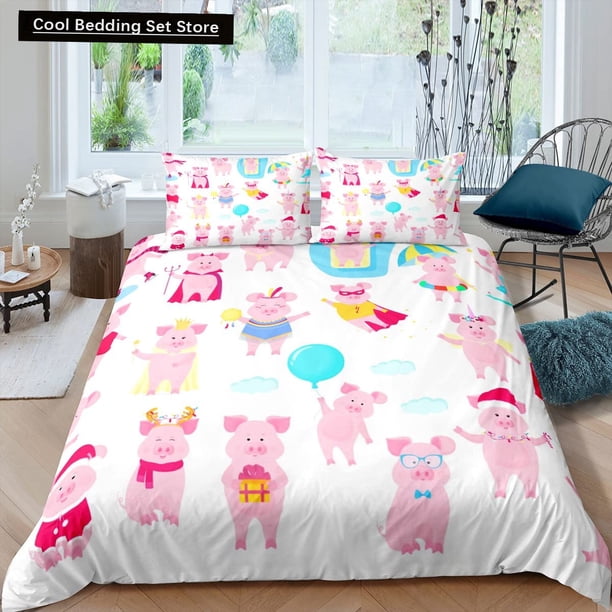 Cartoon Kawaii Pig Duvet Cover Happy Farm Animal Bedding Set Pink Piggy Quilt Cover Polyester Comforter Cover Bed Sheets