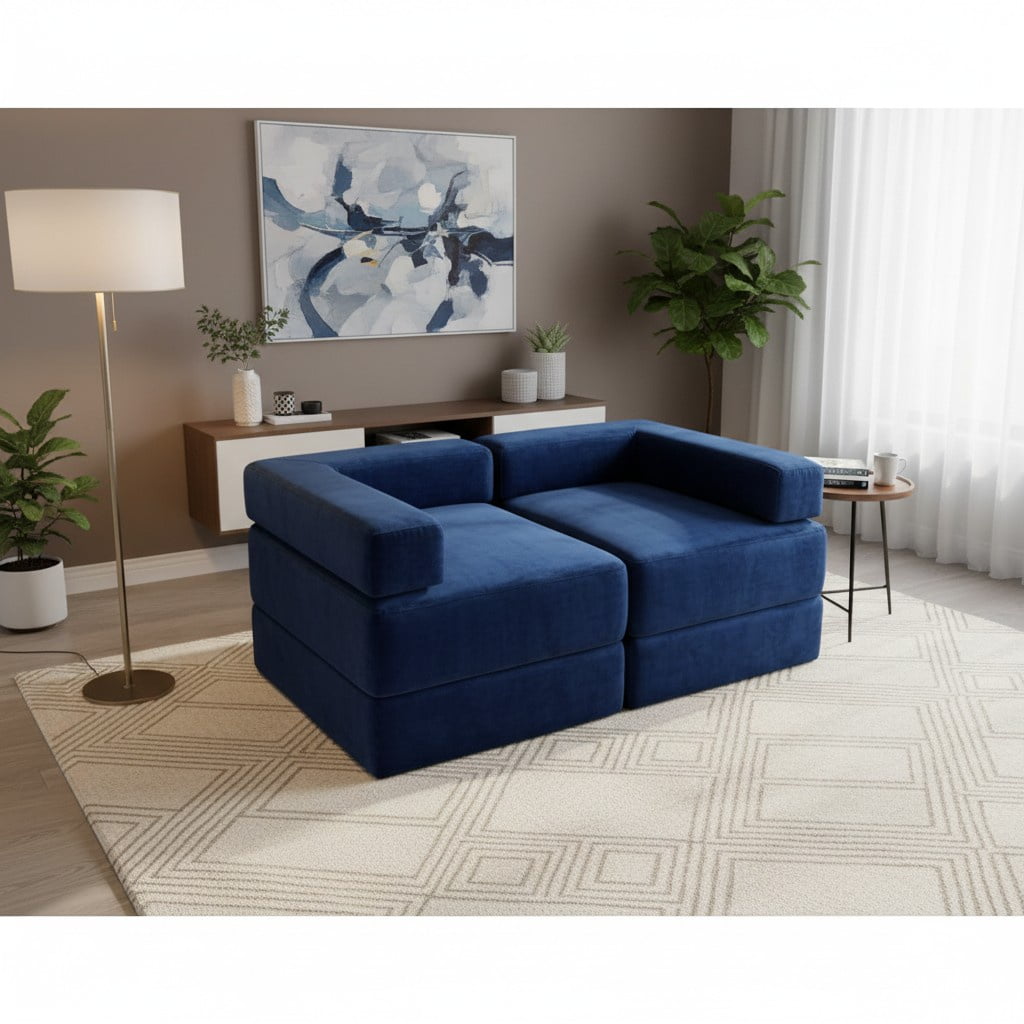 Diseños Valestrini - Sofa Cama Arkos Dos Cuerpos En Felpa Azul Marino