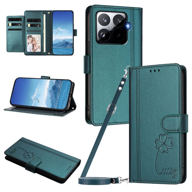 Funda Cartera Trébol para Xiaomi 15T Pro con Ranuras Tarjetas y Carga Inalámbrica Verde oscuro