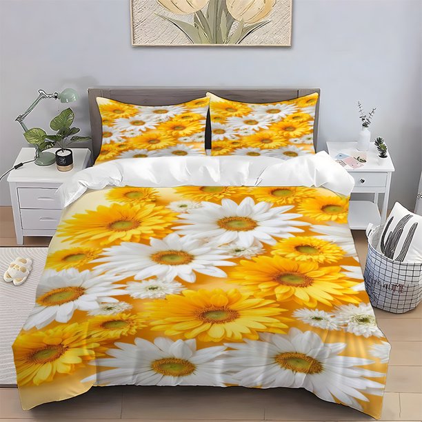 3pcs Yellow and White Floral Print Bedding Set Polyester