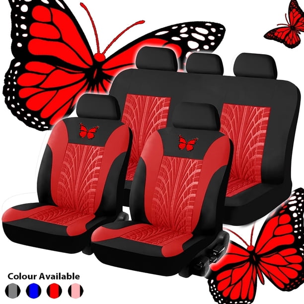 Universal Car Seat Cover Set - Red Butterfly Embroidery - Protects and Enhances Your Vehicle's Interior