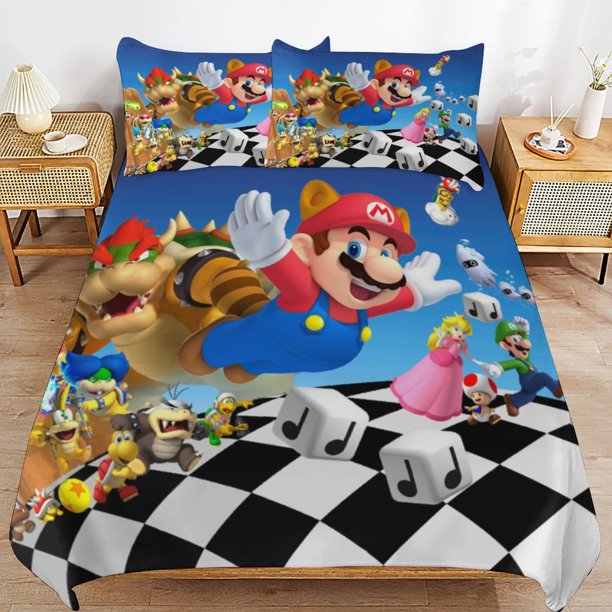 Super Mario 3-Piece Comforter Set for Bedroom Super Mario Bedding Set for Kids Adults Soft Microfiber Duvet Cover Set with Zipper Closure