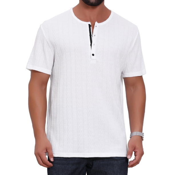 INSPIRE CHIC Camiseta de Hombre Henley de Manga Corta con Botones y Textura Jacquard Tejida M Blanca