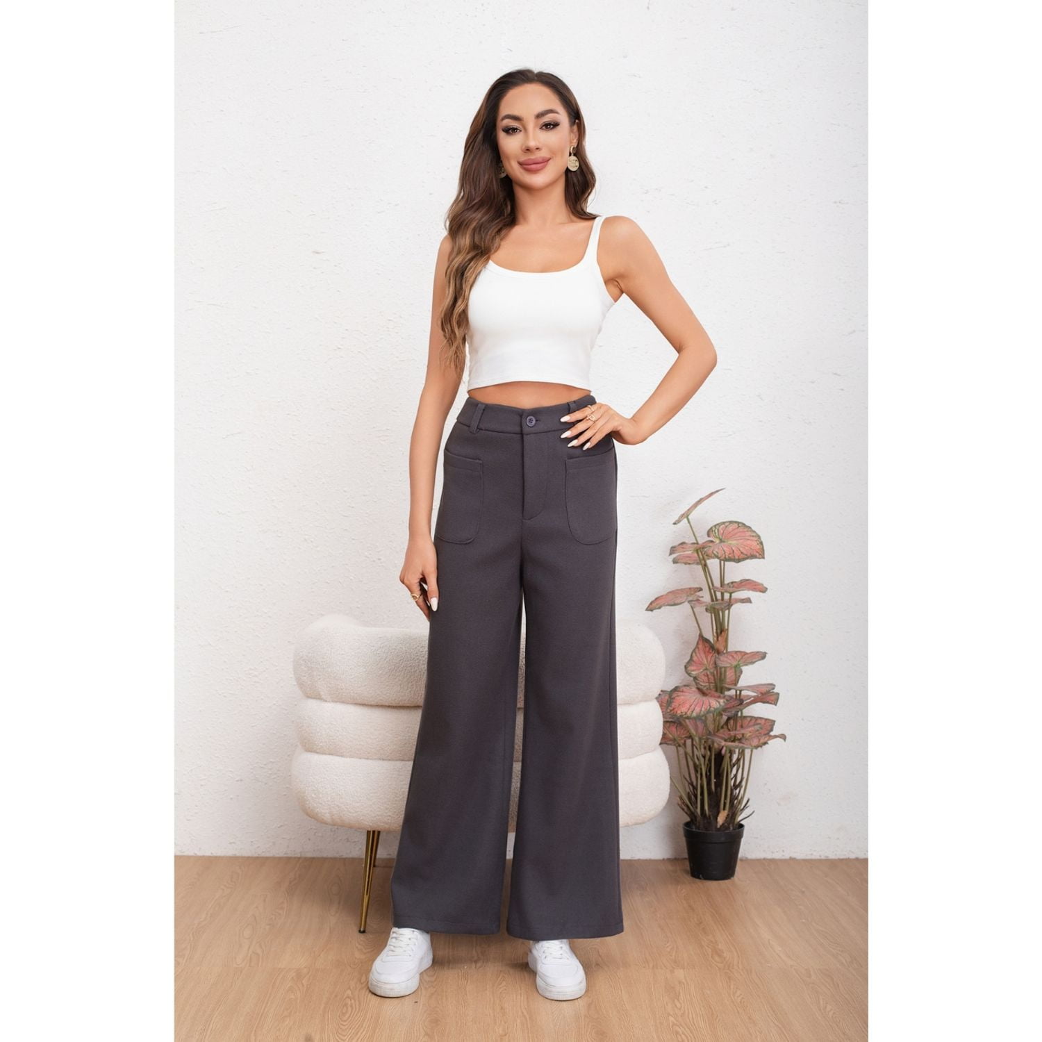 Likeshop - Pantalón Casual Mujer Bolsillo Otoño Invierno Ancho 0126