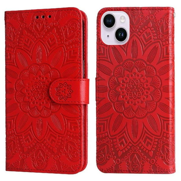 Funda tipo cartera FOXDOCK para iPhone 15 Plus , diseño girasol en relieve, cuero PU, cierre magnético, soporte y tarjetero