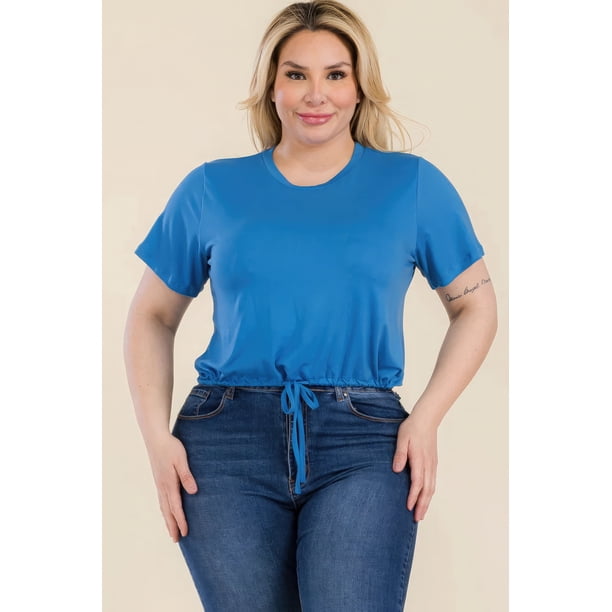 Saronite Top Corto Básico de Manga Corta con Lazo Frontal, Negro (Talla Grande para Mujer)