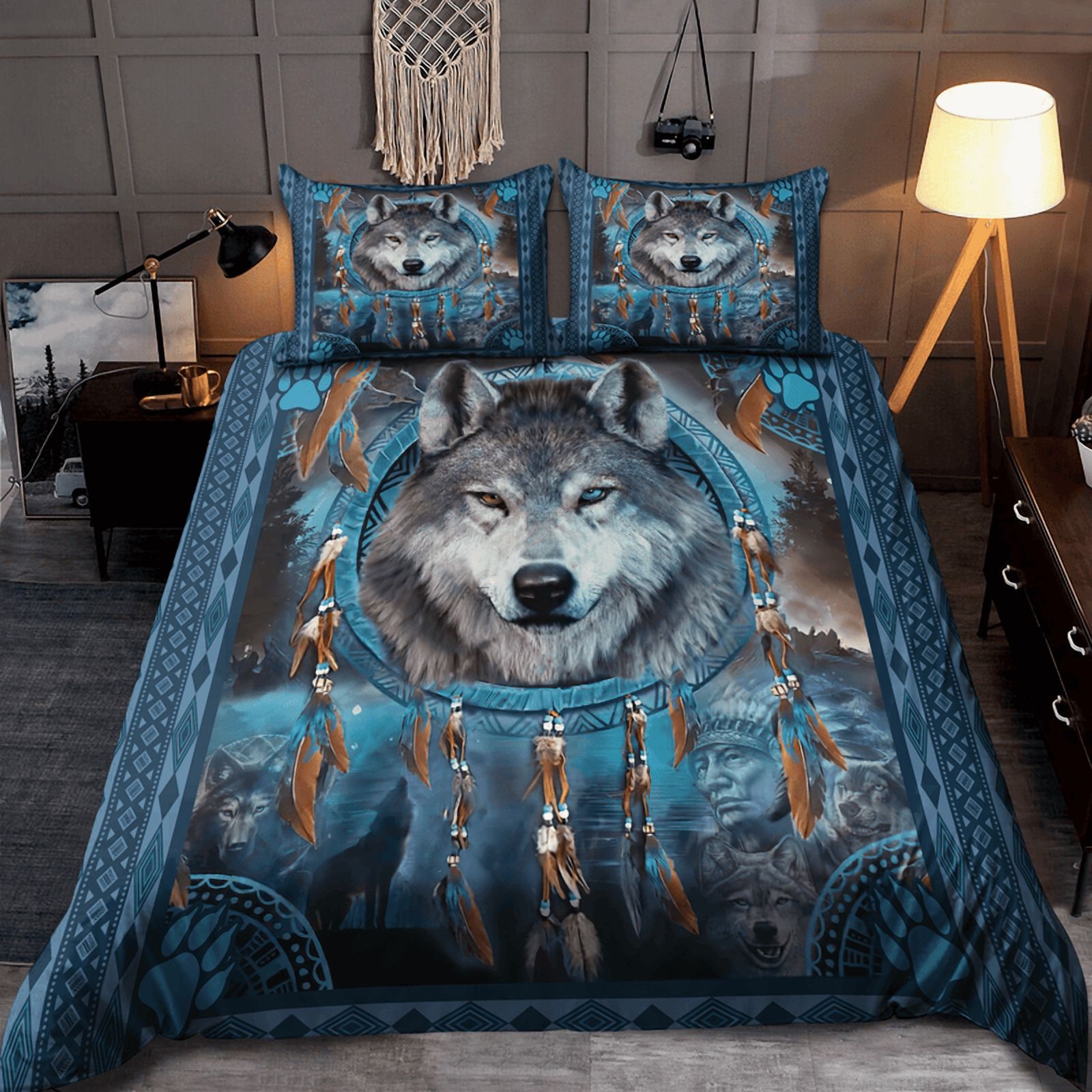 Milsleep - Juego De Cama Estampado Con Lobo Azul Y Atrapasueños Nativo Americano