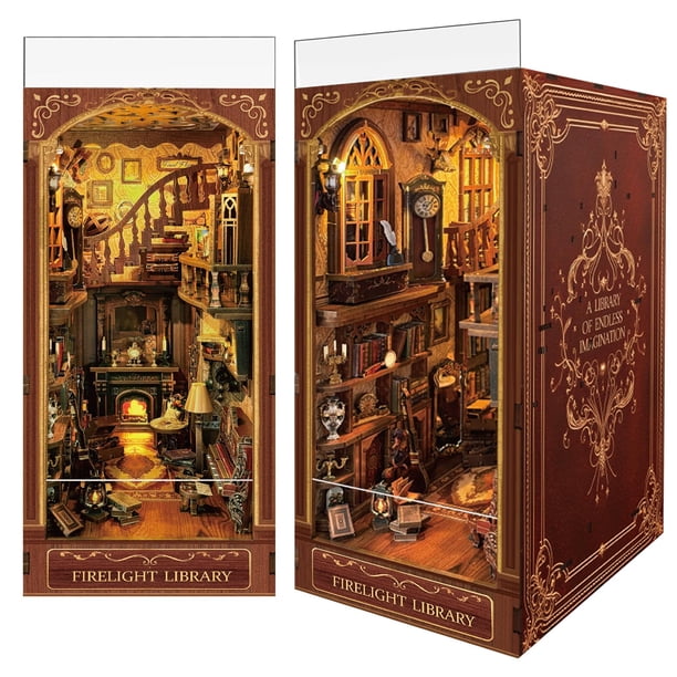 Rompecabezas de casa en miniatura para hacer tú mismo, chimenea, biblioteca, biblioteca