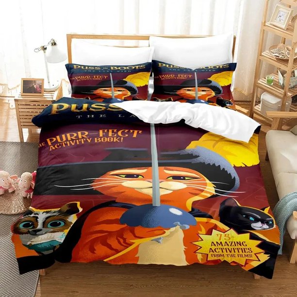 Cartoon Cat PUSS BOOTS Bedding Set Duvet Cover Bed Set Quilt Cover Pillowcase Comforter Boys Adult Bedding Set