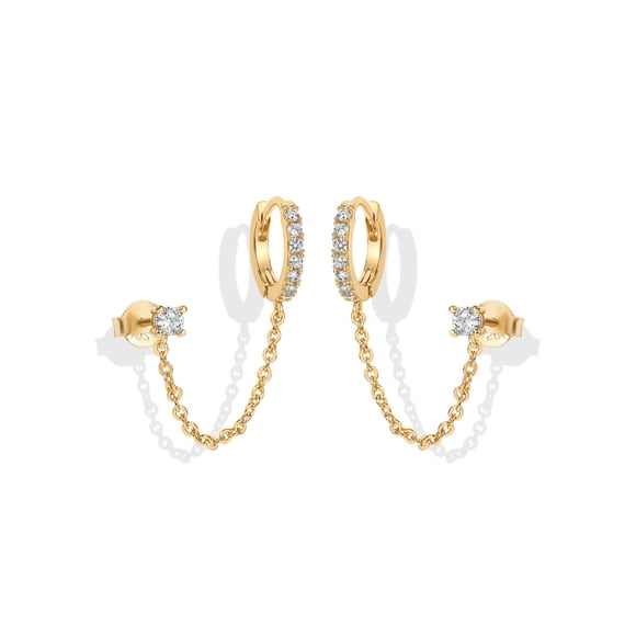 Aros PAVOI Doble Piercing con Cadena y Circonita en Oro 14K