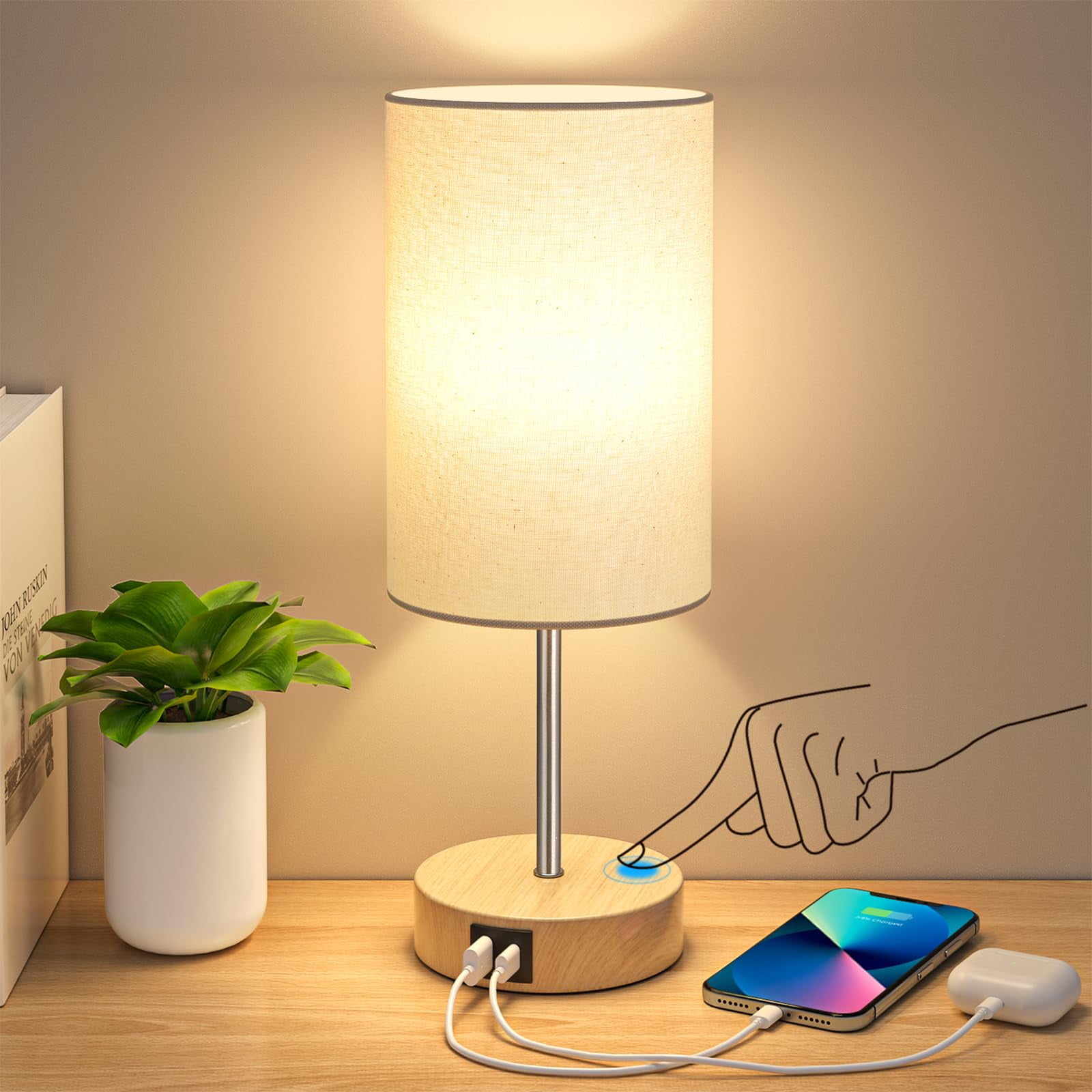 Lámpara De Mesa Akasuki Regulable De 3 Niveles Con Control Táctil Y Doble Usb