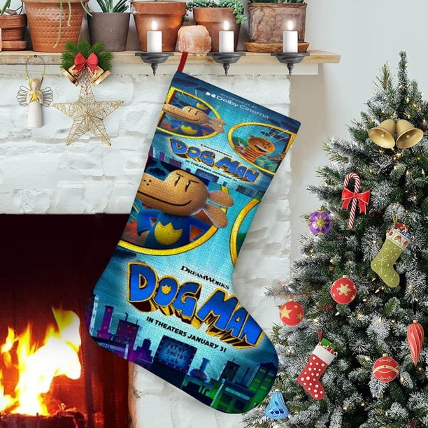 Hombre Perro Tema: Calcetines de Navidad, fino lino blanco para colgar en escaleras y chimenea, decoración navideña para el hogar, regalo de Navidad. 45cm × 32cm