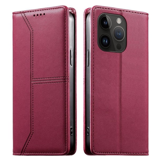 Funda tipo cartera con bloqueo RFID para iPhone 14 Pro Max cubierta magnética de cuero con tapa y soporte Rojo