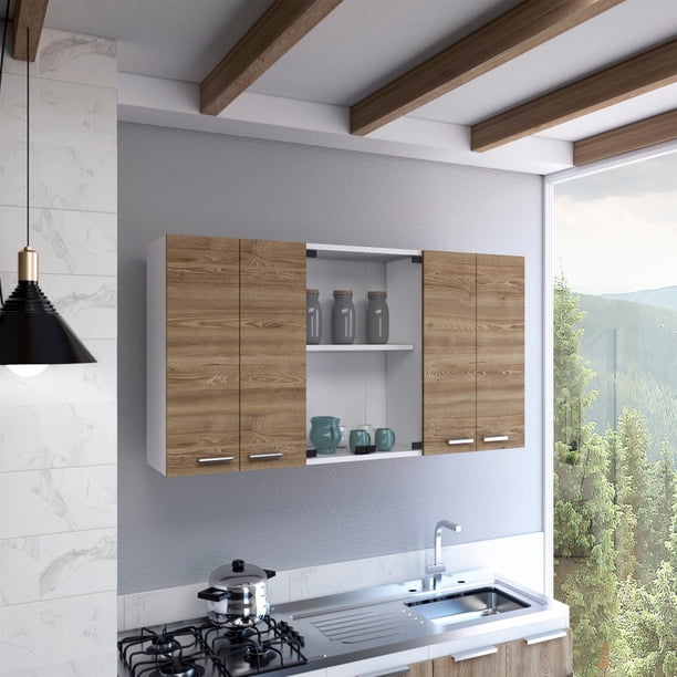 Mueble De Cocina Mural 150x60x31,5 Cm Miel Y Blanco 6 Puertas