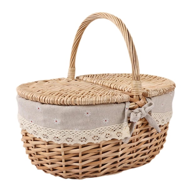Cesta de Mimbre para Picnic, Cesta de Almacenamiento de Mimbre con Tapa Y Asa, Rústica, Portátil, Cesta de Ratán para Servir Y Guardar para Fiestas en Grande