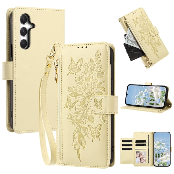 Funda Billetera Floral en Relieve samsung galaxy A14 4G con Tarjetero y Cremallera Blanco