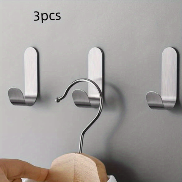 Set Of 3, Stainless Steel Adhesive Hook, Kitchen Single Hanger Hook, Hook Fro Hanging Clothes Towel Bags, Bathroom Toilet Hanging Clothes Hook, Silvery