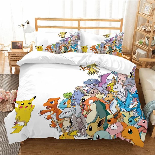 x738 Bed Sheets Pikachu Quilt Covers Anime Printed Bedding for children boys girls adults Kids Bedding Set Holiday Gift 3-Piece Bedding Set (1 Duvet Cover + 2 Pillow Shams) nj738