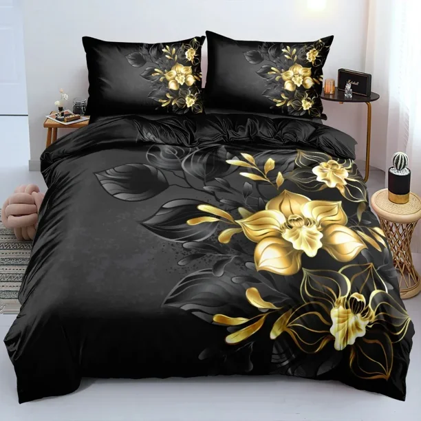 Gold Black Flowers Bedding Set Boys Girls Size Duvet Cover Pillowcase Bed Adult Fashion Home Textileextile Bed Sheets