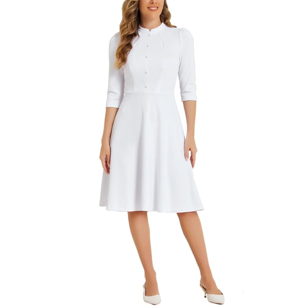 INSPIRE CHIC Vestido Vintage para Mujer Conjunto de Maestra para Regreso a Clases Vestido de Oficina con Cuello Alto y Mangas 3/4 Línea A XS Blanco