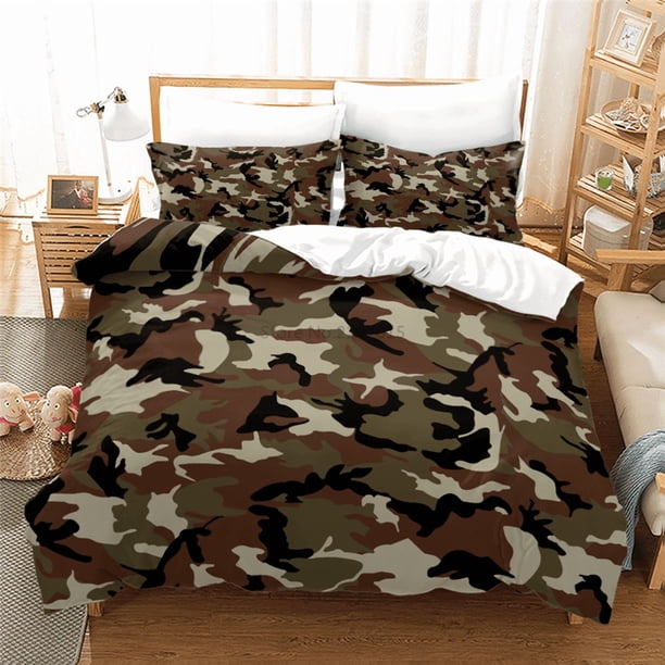 v962 Bed Sheets Army Green Camouflage Bedding Set Print Duvet Cover Sets with Pillowcase Home Textile Single Double Twin Full Queen King Size 3-Piece Bedding Set (1 Duvet Cover + 2 Pillow Shams) Bed S