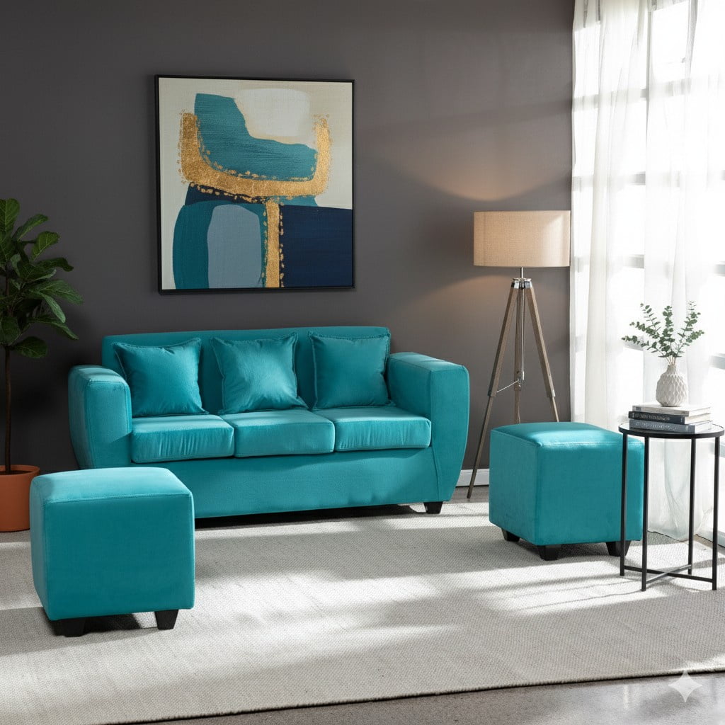 Deco Outlet - Living Kansas 3 Cuerpos + 2 Pouf Felpa Calipso