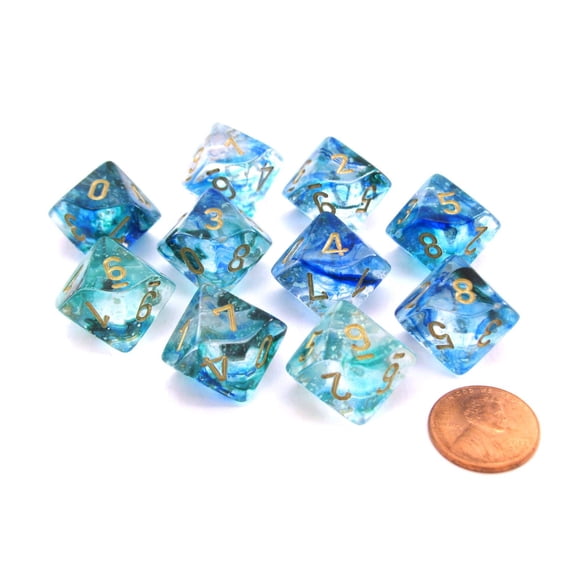 Juego de dados Game Dice Chessex d10 Nebula Luminary Oceanic con oro