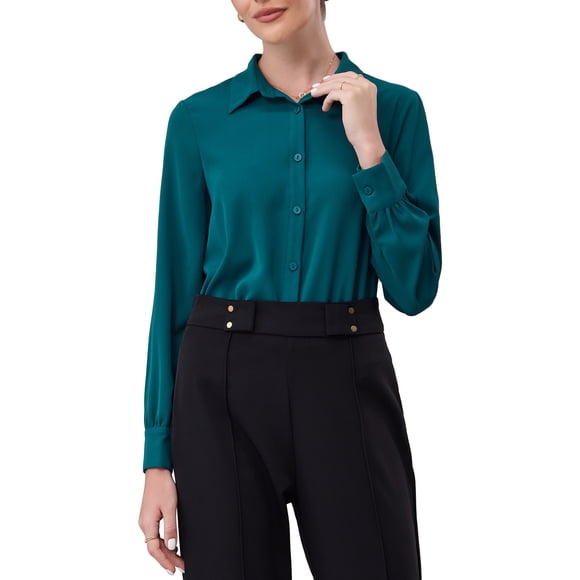 INSPIRE CHIC Body de Manga Larga para Mujer Camisa de Trabajo con Botones L Traje de Cuerpo Azul Pavo Real