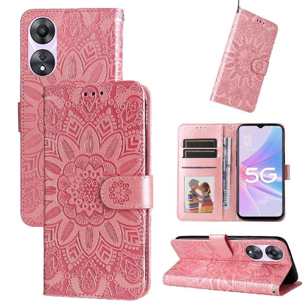 Funda tipo cartera FOXDOCK para OPPO A78 5G , diseño girasol en relieve, cuero PU, cierre magnético, soporte y tarjetero