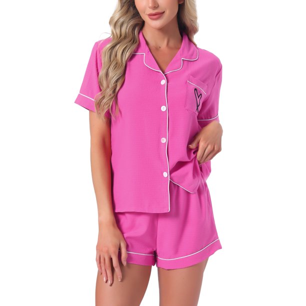 INSPIRE CHIC Conjunto de pijama de mujer con estampado de corazones, suave, con botones, de manga corta, conjunto de descanso con pantalones cortos para primavera verano S rosa fuerte