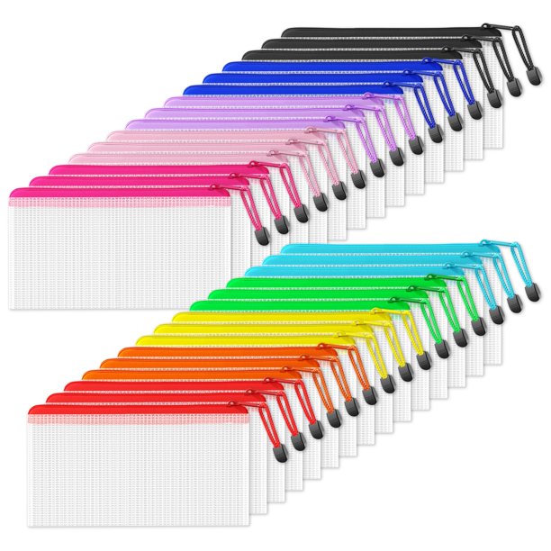 SUNEE Bolsa con Cremallera de Malla 4x9 pulg (6 colores, 30 unidades), Bolsa para Lápices, Bolsa de Vinilo, para Billetes, Cosméticos, Papelería y Almacenamiento de Viaje