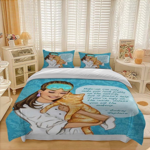 Lady with Blue Eye Patch And Orange Cat Pattern Bedding Set. Soft And Comfortable Bedding Set Suitable for All Seasons