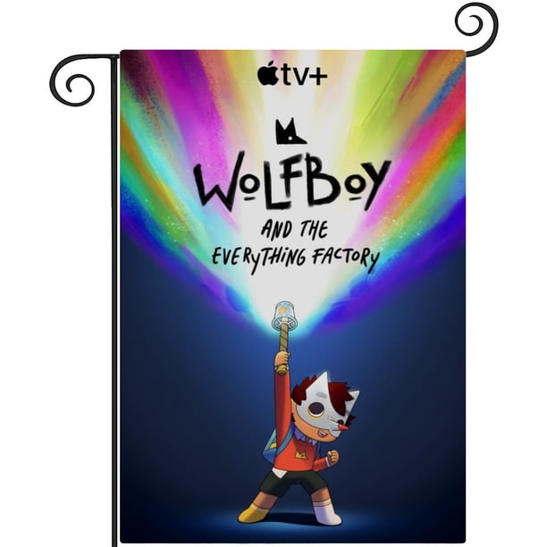 Wolfboy y la Fábrica de Todo-bandera de jardín temática. Regalo perfecto para fans, amigos y familiares, ideal para actividades al aire libre y decoración de fiestas.28CM*45CM