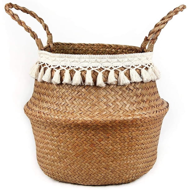 Cesta tejida de macramé con borlas de junco marino para guardar, decorar, lavar la ropa, picnic, cubrir macetas, guardar comestibles y juguetes (borla)