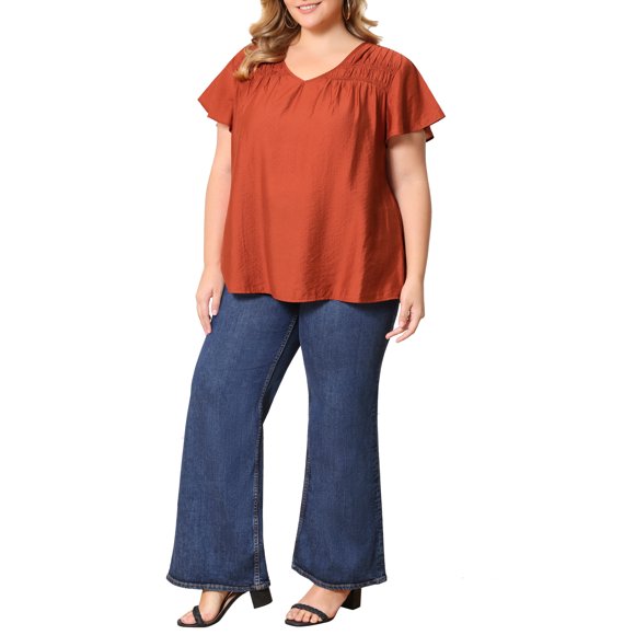 GRACIA Y GRANDEZA Blusa Casual de Mujer Talla Grande para Escuela, Colegio, Pascua, Verano con Hombro Fruncido, Textura Jacquard, Manga con Volantes, Cuello en V, Talla 3X Naranja Rojo