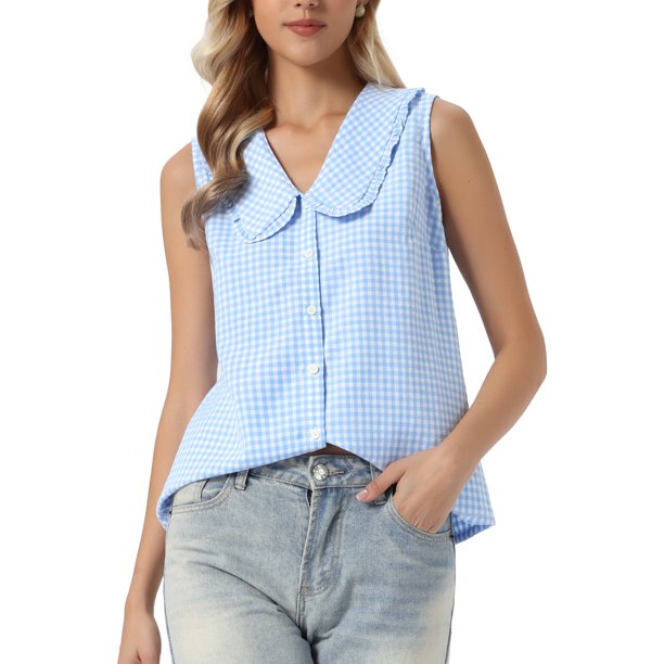 INSPIRE CHIC Lindos Tops sin Mangas de Cuadros Vichy para Mujeres con Cuello Peter Pan y Volantes, Blusa Abotonada L Azul Claro