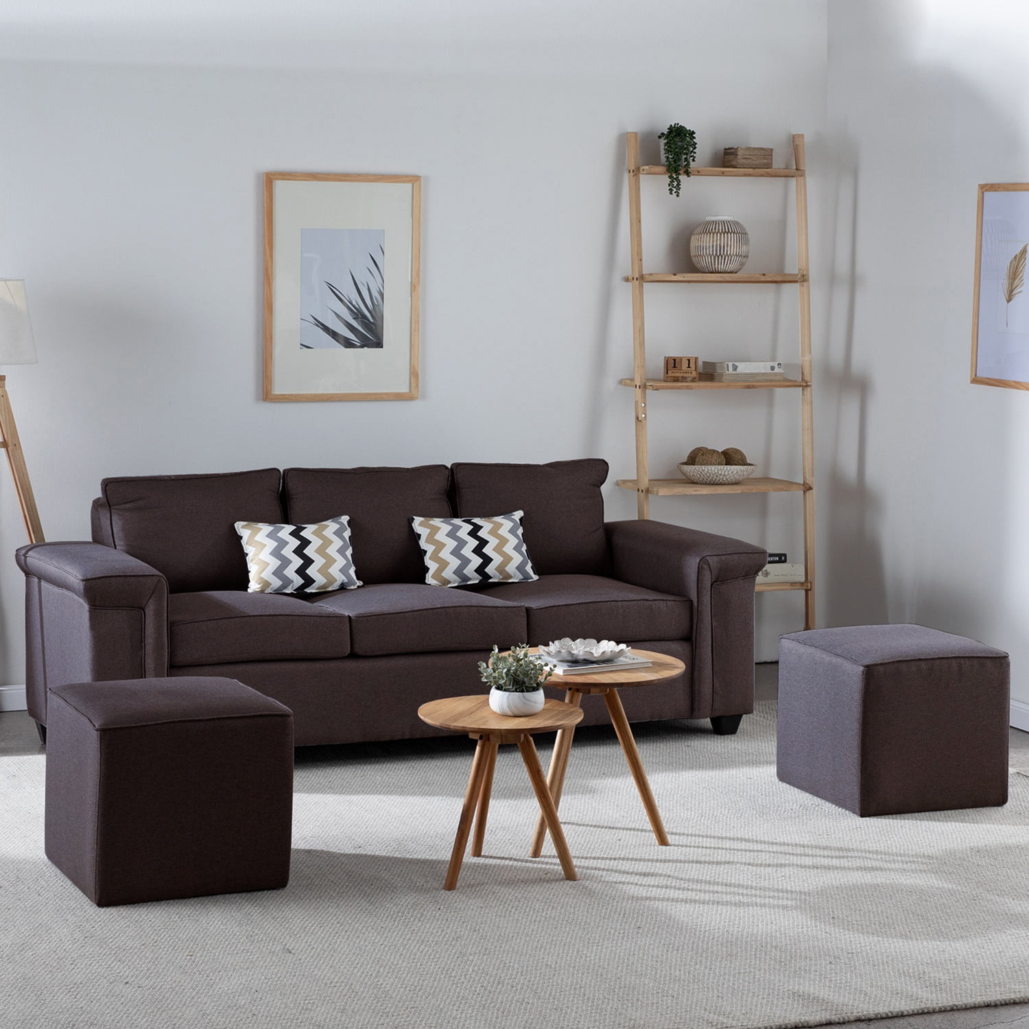 Muebles Cottoni - Sofá 3 Cuerpos Sicilia + 2 Pouf Tela Chocolate