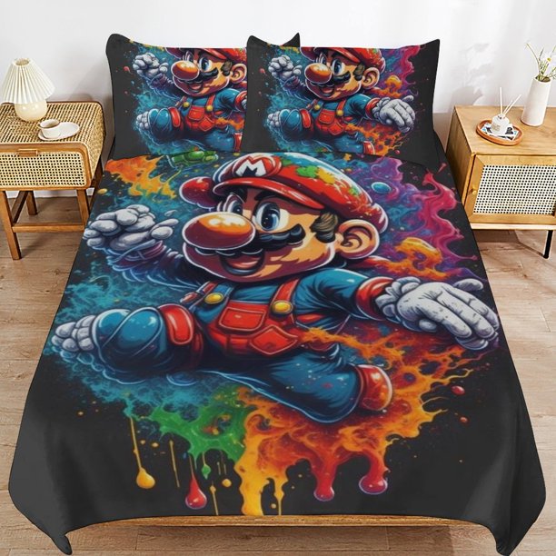 Super Mario 3-Piece Comforter Set for Bedroom Super Mario Bedding Set for Kids Adults Soft Microfiber Duvet Cover Set with Zipper Closure