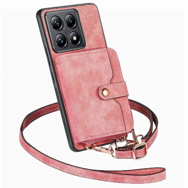 Funda Tipo Cartera con Correa Cruzada para Xiaomi 14T Protección Contra Golpes Rosa
