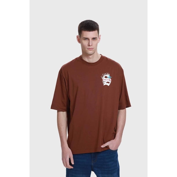 Polera Hombre Doble Print Texto Chocolate